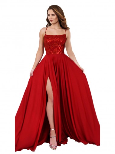Online Rosso Linea A Sottili Piazza Spandex Pizzo Lunga Abiti da damigella donore / Abiti da ballo